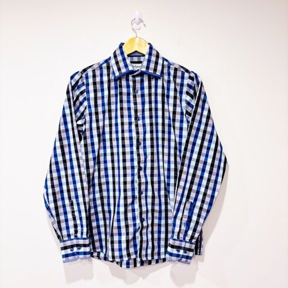 PALENZO Blue Plaid Long Sleeve Cotton Blend Button‎ Up Shirt Small